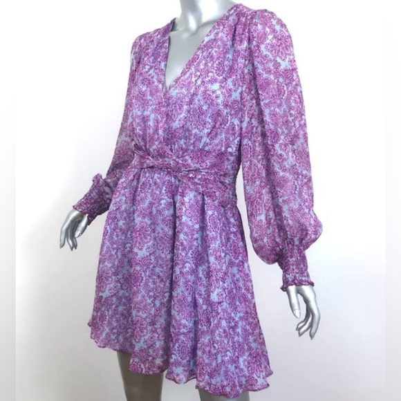 AMUR TWIST-FRONT DRESS PURPLE/BLUE PRINTED SILK CHIFFON SIZE 4 LONG SLEEVE MINI - Picture 7 of 10